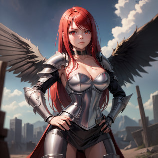 (masterpiece, best quality:1.2), cowboy shot, solo, 1girl, erza scarlet, serious, closed mouth, looking at viewer, hand on hip, heavenswheel, armor, pauldrons, shoulder armor, skirt, gauntlets, choker, wings, cleavage