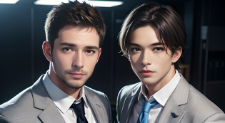 (They are male gay couple ), (head shot), (face only), (two gay handsome muscular businessmen in their 30s)?They are wearing blue business suit and pink tie in the office, short dark blonde hair, They resemble Chris Redfield from Resident Evil, mischievous smile, (small details: 1 in 1), natural muscles, hig quality, beautifull eyes, (Detailed face and eyes), (Face?: 1 / 2), noise, real pictures?... ..............PSD, Sharp focus, High resolution 8K, Realstic & Professional Photography, 8k UHD, Soft lighting, High quality, Film Grain, Fujifilm XT3