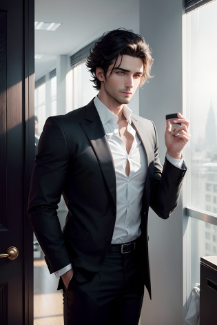 1 male, Standing in the office against the wall, European Beautiful Face, (The European model:1.1), 35 years old, Delicatessen, Business men's clothing, (black jacket:1.1), (white  shirt:1.1), (black pant:1.1), golden jewelery??fidelity?1.2?filigree?Quality??tmasterpiece?1.2???fidelity?1.2???beste-Qualit??The skin is described in detail?1.3???Complicated details?dramatics?ray traced?a  photo of a?Bathing in the shade?Visual Novel?Boss's office for a skyscraper?filmgrain?Depth�of�field, The lines are clear and concise, handsome male, Detailed white shirt, Detailed black pants, Wavy short dark hair, The perfect European face, Beautiful European face, winning, Big gorgeous blue eyes, mouth open, Teeth are not visible, a happy, the perfect body, Bright colors complement each other, which enriches the layering of the whole picture, Elegant white shirt, A black jacket and black pants add a lot to the character, Perfect manicure, It also shows the subtle and elegant side of the person, The gesture keeps both hands in pockets.