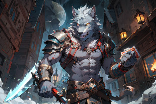a close up of a person holding a knife and a knife in a city, muscular werewolf, gnoll, wolf armor, warwick saint, portrait of a gnoll, great wolf, a minotaur wolf, werewolf�, fantasy card game art, angry high moral sexy werewolf, astri lohne, grim - wolf, good boy giant mecha wolf hound