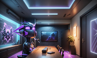 Welcome to your amazing podcast studio. With an enveloping atmosphere, blue and lilac neon lights illuminate the space, with a black brick wall in the background. On the shelf, action figures and pop culture posters create a nostalgic atmosphere. Standing out, a line of lightning-shaped LEDs shines on the wall, with the realistic inscription 