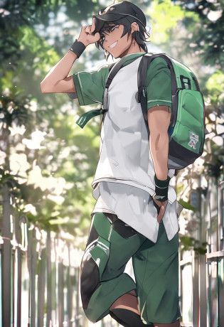 schoolboy?Wearing a baseball cap?Green and white outfit? Sporty style?muscline?Fold your hands to your chest?Very happy laughter?Full body like? Higher quality? high detal? ??????Normal head-to-body ratio?3D?8k