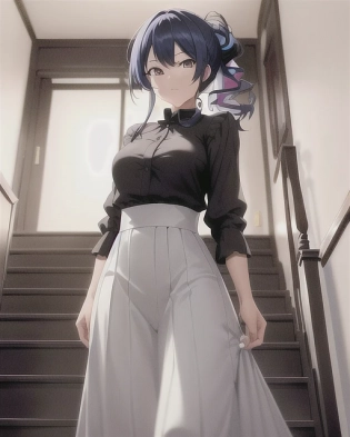 girl, happy, half updo, long bangs, best girl hair, at home, going up the stairs, 2 floor house, home outfit, fancy railing on stairs, cute. anime, professionally color graded, HDR, anime faces, hyper resolution, created by Artgerm, Greg Rutowski volumetric lighting, octane engine