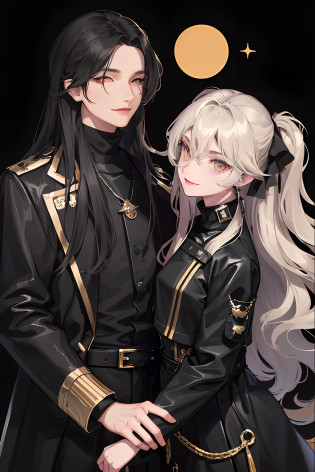 1woman and 1man, ((two people)), long wavy hair, swept bangs, golden eyes, fake smile, unnerving smile, black turtleneck, pirate coat, dark sky, pretty eyes