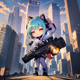((sticker:1.5)))?((Chibi Chara))?(((Super giant gun)))?Fluffy?1girls?cyber punk?Giant guns?Blow up the city?Strongest?Chibi Chara?ful body?pastel-colored hair?Fairy tale?Fantastical?Masterpiece?beste Quality?high picture quality