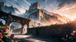 Epic CG matte painting?macro shot?In the garden?The cloudy?red rose?peach blossom?the great wall?star night?in the early morning?Machinary?cleaned up?unreal-engine?Lee madgwick ,Lee madgwick ,art  stations
