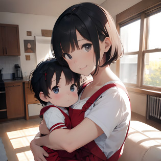 best qualtiy?tmasterpiece??A high resolution?perfect anatomia,?fidelity?1.4??RAW photogr?ssmile?Short-haired baby?25 year old woman and baby?a woman and small boy, Mom and short-haired son,Cute mom and smiling baby,cowboy  shot,cinmatic lighting?Parent and child of fashion model?adolable?, (NSFW:1.2)(Being in the living room)?(Hugging a short-haired baby)(Mom and short-haired son)?Mother in red apron