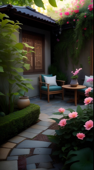 There is a small patio with tables and chairs, quiet and serene atmosphere, serene evening atmosphere, garden environment, Realistic garden, tranquil ambiance, beautiful ambiance, cozy and peaceful atmosphere, beautiful ambiance, Beautiful terrace, beautiful aesthetic, Lush chic garden, Relaxing environment, peaceful scene, Peaceful environment, lush plants and lanterns?rays of sunshine?smog