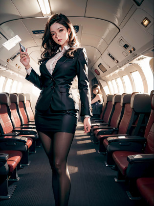 best quality, masterpiece, 8k, ultra high res, (photorealistic:1.4), highly detailed, intricate detail, delicate and beautiful, good lighting, professional lighting, sharp focus, detailed shadows, exquisite details and textures, depth of field, unity 8k wallpaper, cinematic composition, cinematic lighting, official art, Cabin Crew, flight attendant, black pantyhose, (aircraft, (Aircraft Corridor), Aircraft seats) beautiful elegant face, detailed face, detailed eyes, realistic hair, long hair, (1girl), (standing:1.3),