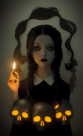 a painting of a woman holding a lit candle with skulls around her, wednesday addams, loish | , loish art style, inspired by loish, lori earley, as wednesday addams, with black magic powers, with black pigtails, by loish, she is attracting lightnings, addams, neoartcore and charlie bowater, green aura