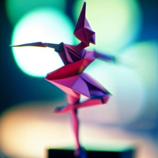 beautiful three point perspective film still of funky pop origami character study scene in merce cunningham, extreme closeup portrait in style of frontiers in miniature porcelain photography fashion architectural art studio seinen manga edition, holly herndon origami statue, pointe pose, tilt shift zaha hadid theatre background, soft lighting, kodak portra 4 0 0, 8 k, macro, cinematic style by emmanuel lubezki