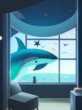 <lora:ShaunTan:1>a small room with a whale and other items inside of it, and a window with a view of the night sky by Shaun Tan