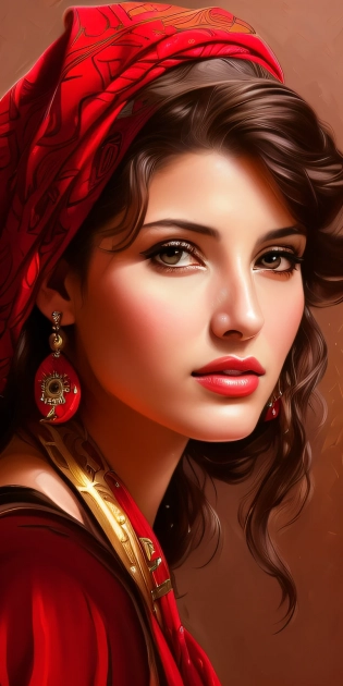 painting of a woman with a red scarf and earrings, detailed beauty portrait, beautiful portrait, gorgeous portrait, stunning portrait, detailed beautiful portrait, airbrush digital oil painting, detailed beautiful face, digital art oil painting, very beautiful portrait, realistic spanish woman painting, detailed sensual face, beautiful portrait oil painting, gorgeous face portrait, gorgeous woman, renaissance digital painting