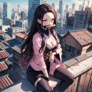 Meisterwerk, (Pink kimono), Seductive face, good lighting, Decollete, finelydetail, Meisterwerk, Glowing eyes, 1???, brunet, gag, bamboo, bamboo, Nezuko Takedo, Buildings?Rooftop background of skyscraper, Meisterwerk, maximum quality,Entire body, thin-waist,small-medium breasts?thighhights?Crouching?Have a sniper rifle?