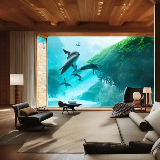 a living room with a couch, coffee table, ottoman, and a large window, inspired by Werner Andermatt, dolphins swimming, panoramic shot, dreamworks, hugo boss prize, chalet, geiger art, extreme depth, ffffound, stunning high tech