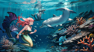 Dolphins, mermaid, starfish, jellyfish, coral reef, maori