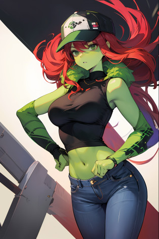 Green-skinned woman?Wear jeans?redheadwear