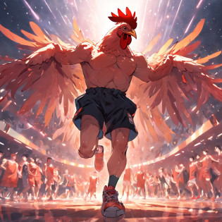 Ferocious chicken-headed man?The upper body is a chicken?The lower body is human?wearing a black tank top?Playing the Basketball?Hell background?Ghastly