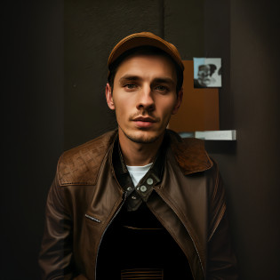 Man in brown leather jacket and hat posing for a photo, retrato de alta qualidade, estilo hiper realista, Estilo de Marcin Blaszczak, hyperrealism artstyle, pintado digitalmente, pintura digital fotorrealista, vestindo jaqueta de couro marrom, jaqueta marrom, Inspirado em Mads Berg, inspired by Mih�ly Zichy, num estilo de hiper-realismo