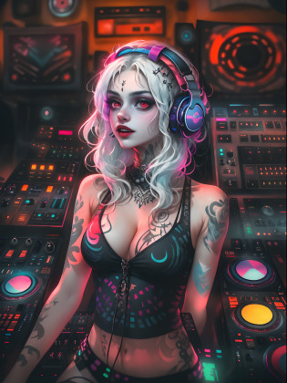 Upper body, Female vampire DJ, Look at the crowd?Vampires,Wear a bikini?Tattooed with?Red eyes?White hair? Quirky, Vibrant appearance, Playful accessories, Bright colors?Creative behavior, Rambled, Sensual, Spontaneous, DJ headphones, ((Mixing Console)), glitchpunk girl, raver girl,Music Clubs, night club, Independent cinema, People dancing on dance floor background, Underground danceclub, Underground danceclub?night club, Highest quality, Skin texture, Intricate details, (Cinematic lighting), RAW photo, 8K?Psychedelic surrealist art?Surrealist psychedelic design?dream art style?Illusion psychedelic art? Colorful dark vectors,