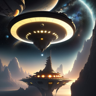 mothership landed on saturn, concept art, starship, sci-fi, saturns ring visible on the horizon, starry sky