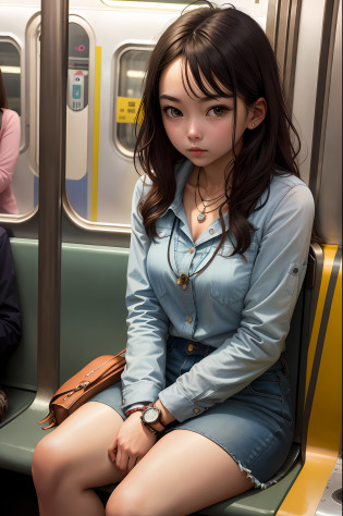 (masterpiece, best quality),1girl sitting on a subway train, looking to the side, subway car door, from below, solo focus, realistic, necklace, wear watch, scary face, 25 years old