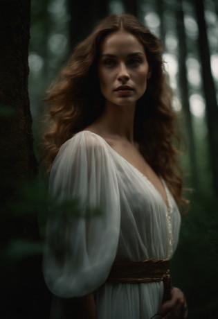 Une fille magnifique avec de longs cheveux blancs, peau noire , et yeux rouges, In a forest with cinematographic lighting, dark and dimly lit. She wears a white dress with golden hues, his focused eyes, Regarder le spectateur. Sa peau est claire, His delicate and impeccable face, A masterpiece, A work of art of the highest quality. The image is an incredibly detailed 8K CG wallpaper, with artistic cinematic lighting and cinematic tones with a neutral filter.