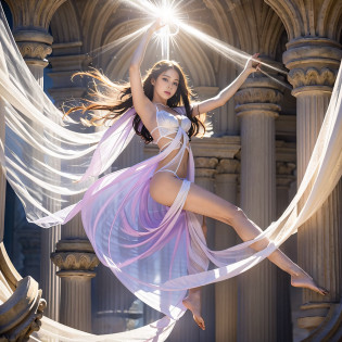Real skin, photoreal, fantasy, low angle, pillar of light, twilight rays, goddess of perfect system with beautiful and sexy face coming down from the sky in a pillar of light dressed only in white thin cloth with her hands spread like a cross, full body shot from the tip of the toe, big, sky as far as the eye can see,