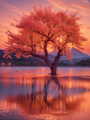Cherry tree in front of mountain on sunset background, sunset glow, beautiful sunset glow, Vibrant sunrise, Cold sunset, pink golden hour, brilliant sunset, Red Pink Sunset, Sunrise colors, Pink sunset, pastel orange sunset, orange / Pink sky, Sunset color, Red sky, Sunset Red and Orange, Red sunset, Shades of pink sunset, Red and orange glow
