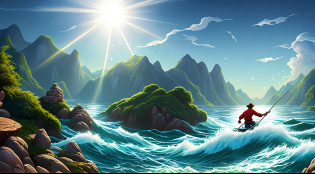 Original art quality, full body image, Disney character animation style, A scene with a person crossing a choppy river, with strong currents. The camera captures the struggle and determination of the protagonist as he faces life's challenges. As a person reaches the opposite shore, a bright light emerges, symbolizing victory over difficulties.