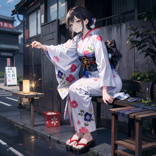 (a masterpiece of?beste-Qualit:1.2)?ultra hyper-detailed?lighting like a movie?Beautiful woman with sparkler?a smile?Woman in kimono sitting on bench, bath robe, classy yukata clothing, Wearing a colorful yukata, in a kimono, Wearing a kimono, japanese kimono, in a kimono, Komono, wearing a haori, Yukata with morning glory pattern, A Japanese style, Wearing kimono,