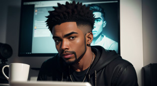 The 26-year-old black man is a talented YouTuber who is always looking to enhance his content and create even better videos for his channel. His face is full of personality and expressiveness, with well-defined features and a short, well-made beard that complements his modern and cool look.

His light brown eyes are piercing and convey mystery and suspense, essential characteristics for the themes he tackles on his channel. He's sitting at his desk, with a high-quality microphone in front of him, ready to record yet another video about scary and intriguing stories.

As he works, he takes small sips from his cup of coffee, which is of better quality, keeping himself alert and focused on its contents. The illustration of his video is impeccable, with vivid and vibrant colors that help create an atmosphere of terror and suspense.

The shadows on your face and in your work environment are perfectly balanced, creating a tense and mysterious atmosphere that is characteristic of its content. He is a dedicated and talented YouTuber who strives to create quality content that keeps his audience always entertained and eager for new videos