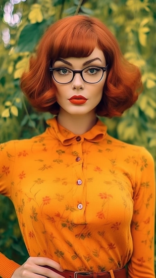 a beautiful portrait of an velma from scooby-doo female model, 2020s style, fashion photography, high resolution image, female model with a 2020s style, female model with a natural makeup look, female model with a casual outfit, female model with a relaxed pose, female model with a warm smile, female model in a natural setting, female model surrounded by warm lighting --q 2 --stylize 1000 --s 750 --ar 9:16