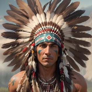 Extremely perfect and humanized hyper-realistic cinematic image of a Native American man with feathers on his head, Indian warrior, Nativo americano, Guerreiro nativo americano, Arte nativa americana, INDIAN, Um guerreiro nativo americano, american indian headdress, nuvem vermelha, Arte nativa, cena de filme hd, eagle feather, cena de filme hd, amazing hyperrealistic image, : native american shamen fantasy, Chapelaria Nativa Americana de Penas, cena de filme estilo DC