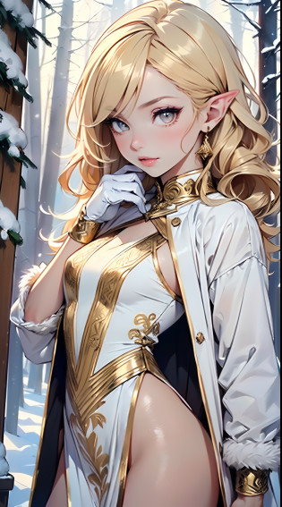 cute loli elf,(((little loli,tiny little body,little))),(((6 years old))),((anime elf loli with extremely cute and beautiful blonde hair)), (((elf))), (((elf ears))),

(((flat chest))),((((blonde hair:1.35,messy blonde hair,colored inner hair,ear breathing)))),(((gold_eyes:1.3))),intricate eyes,beautiful detailed eyes,symmetrical eyes,big eyes:1.5,(((lustrous skin:1.5,bright skin: 1.5,skin tanned,shiny skin,very shiny skin,shiny body,plastic glitter skin,exaggerated shiny skin,illuminated skin))),(delicate detailed fingers,detailed body,(detailed face)),

cute,slutty,erotic,daring,((nsfw)),

zettai ryouiki,revealing clothing,show skin,(((Sexy ivory fur coat, ivory fur coat outfit, wearing a ivory fur coat:1.3,ivory winter coat))), ((ivory mini-skirt,ivory mini skirt with furry edge,visible thong straps)),(white gloves,ivory clothes,semi-naked,with little ivory clothing,((((furry edge clothing)))),(((intricate outfit,intricate clothes,embroidered outfit,ornate outfit,embroidered clothes,ornate clothes))),

(dynamic pose:1.0),embarrassed,(centered,scale to fit dimensions,Rule of thirds),

((snowy pine forest at night)), with dark stormy clouds,winter,scenery:1.25,((snow forest background)),Christmas tree,

highres,sharp focus,(ultra detailed,extremely detailed),(photorealistic artwork:1.37),(extremely detailed CG unity 8k wallpaper),(((vibrant colors,vibrant theme))),(intricate),(masterpiece),(best quality),