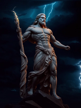 a statue of zeus, dynamic pose, standing on a rock (with lightning in the background:1. 4), Clint Cearley, arnold render, a marble sculpture, (cinematic:1. 4), slate gray atmosphere, hyperdetailed, soothing tones, insane details, low contrast,