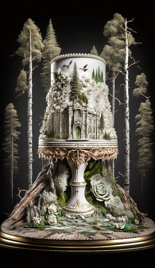 a wedding cake, in the style of mike campau, fragmented memories, james nares, giorgio vasari, national geographic photo, relief, large scale , forest theme, intricate detail, juxtapositions extrodinaire, correct faces