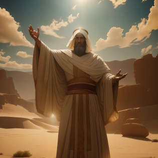 Moses, antique clothes, tunics, desert, war in the background, bible moses, (hands up) Art Nouveau, reflection light, ray tracing, cinematic lighting, UHD, retina, high quality, high details, 4K