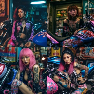 fashion, fashion editorial, CR Fashion Book, Japanese fashion, Japanese Bosozoku fashion, street style, motor cycles gold, blue, pink, red, and green color palette, setting is car garage shop, body is covered in tattoos, realism, hyper reality, highly detailed, focused lighting, nikon camera v5