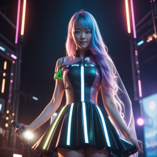 ((8k, RAW photos, best image quality, masterpiece,:1.2)), (realistic, photorealistic: 1.3),(depth of field: 1.2),18 years old beautiful Japan girl, dynamic angle,(1 person:1.3),1 girl,solo,sci-fi,futuristic idol, colorful and high-tech idol dress, glowing neon light idol dress, holographic clothing, reflective dress, techwear, volumetric lighting, glowing eyes, rainbow hair, long hair, flowing hair, cute smile, microphone, neon lights, neon rim lights, laser beam on stage, psyllium, spotlights, cowboy shots, moody lighting, concert venue, on stage, (audience around stage: 1.5), (singing with microphone on stage:1.5),Complex Detail,Cyberpunk,(Exploding Pixel Particles:1.2),Dynamic Lighting,From Below