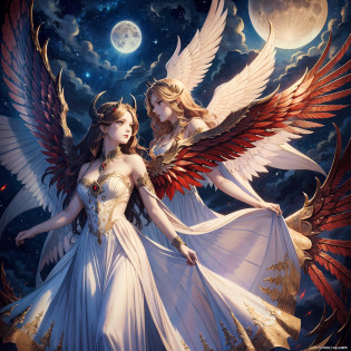 fantasy art, RPG art [[a picture of 2 women]], a female angel (Masterpiece, 1.3, intricate details), wearing dress, pale skin, best details beautiful face (Masterpiece, 1.3, intricate details), blond hair, long hair wavy hair (Masterpiece, 1.3, intricate details), blue eyes, high heeled boots, wearing red dress (Masterpiece: 1.3, intricate details), large angelic wings, white angelic wings spread [AND] a female demon (Masterpiece, 1.3, intricate details), demon, red skin (Masterpiece, 1.3, intricate details), demonic wings, black demonic wings spread, demonic horns (Masterpiece, 1.3), red skin (Masterpiece, 1.4), black hair, red eyes, best details beautiful face (Masterpiece, 1.3, intricate details), wearing white dress (Masterpiece: 1.3, intricate details), high heels, in the border between heaven and hell, moon, stars, clouds, god rays, silhouette, dynamic angle, photorealism, panoramic view (Masterpiece 1.3, intense details) , Wide-Angle, Ultra-Wide angle