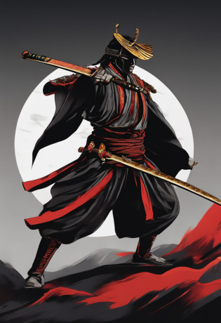 samurai com uma espada   fullbody  hd   ,t-shirt  DESIGN ART  png center , perfect draw Karel Appel
 ,  Captivating Illustrations ,,BLACK BACKGROUND  ,ARt CENTER   PNG, no text ,perfect proportions harmony colors