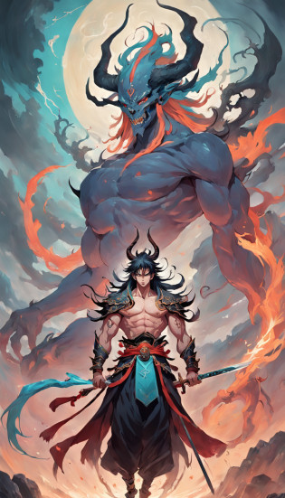 A painting of a man with a sword and a demon, beautiful male god of death, mohrbacher, inspired by Shunk?sai Hokush?, in the art style of mohrbacher, asura from chinese myth, the god of chaos, inspired by Ry?k?sai Jokei, in style of peter mohrbacher
