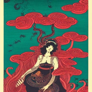 dark teal and red ink with intricate designs, tarot card, a pyromancer witch mage, full of golden layers, clouds, vines, mushrooms, swirles, curves, wave, by Louise Nevelson and Hokusai and jean Giraud and Mike Mignola and John Howe, trending on artstation, elaborate illustration, incredible depth --ar 9:16