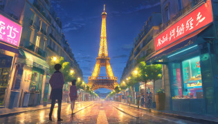 The Eiffel Tower?The Eiffel Tower overlooks the streets of Paris?Eiffel Tower renovated in 2077?The Eiffel Tower has a stronger presence than conventional objects?Eiffel Tower in the near future?Eiffel Tower at night?Eiffel Tower illuminated by neon lights?night cityscape?