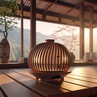 /imagine prompt: Aroma diffuser, inspired by the intricate, interlocking wooden slats of the Yusuhara Wooden Bridge Museum, with a wooden exterior in the same design. The diffuser can also be paired with subtle lighting to create a cozy, relaxing ambiance in any space, detailed, in style of artstation, digital art, hyper detailed, hyper realistic, white background, unreal engine, png 8K, depth of field, --ar 1:1
