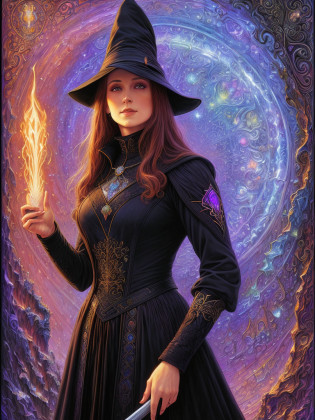 art by Wayne Barlowe, art by Josephine Wall, sharp image, render, 8k, rim light, poster, hdr, witch in black coat, in dark room