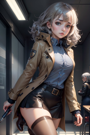 Perfect anime illustration, 1girll, Gray hair, Curly hair, matching hairstyle, browneyes, inquisitive?Handheld baton?curiosity?Pleasure, ((matching outfits, Light brown transparent student uniform?Dark brown detective style coat?Leather booties)), matching hairstyle, Fantasy style base?A dragon behind the girl?cross-leg??The pose of one leg folded on the other??Dark blue tights, A high resolution, full bodyesbian, Pose?with perfect legs