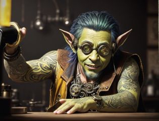 fantasy painting, fantasy creatures, a portrait, tattooed, green skin, an old goblin as a watchmaker, steampunk goggles on a forehead, a sleeveless tool vest, a watch workshop in the background, vibrant colors, contemplative mood, hyper-realistic textures, precise details, hdr, intricate details, steampunk style