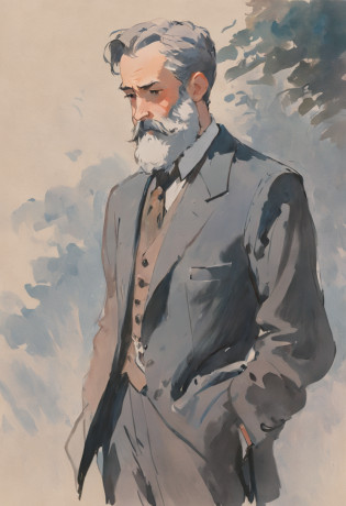 author?Claude Monet, author?Claude Monet, Claude Monet), Monet paintings, Monet style, author?Monet, Impressionist art, Monet style, Painted by Monet, author?Blanche Hoscheid Monet, Impressionist style, Charles S..., impressionist drawing, French Impressionism, Claude Monet style, impressionist drawing, Impressionistic style, impressionist drawing?Allad man in suit stands with his arms crossed, grey suit, distant full body view,Back shadow? 3 / 4 Look from behind, standing elegant pose, high quality suit, doing an elegant pose over you, centered full body rear-shot, subject detail: wear suit, full height view, Business suit, Man standing, highly professionally detailed